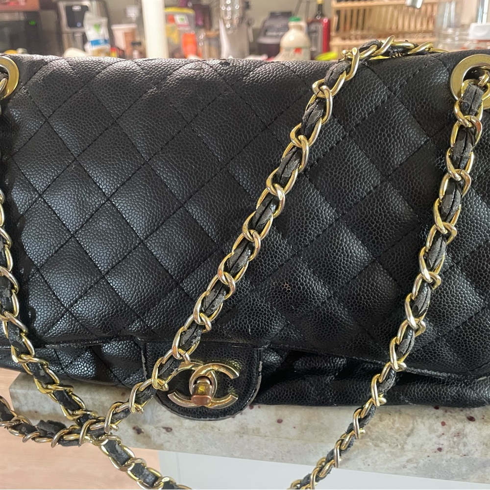 Black Quilted Shoulder Bag with Gold Chain